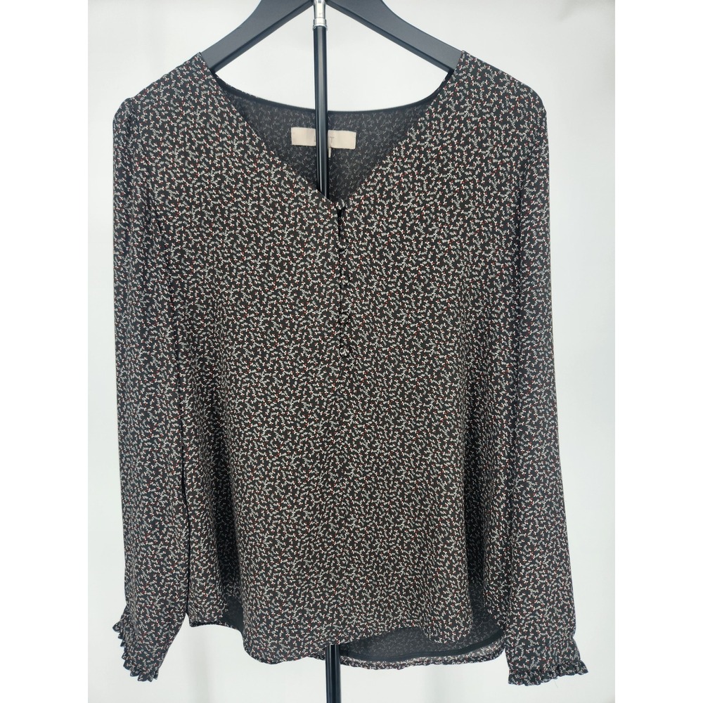 LOFT Womens Floral V-Neck Blouse Black Red White Long Sleeve Ruffle Cuff Size M